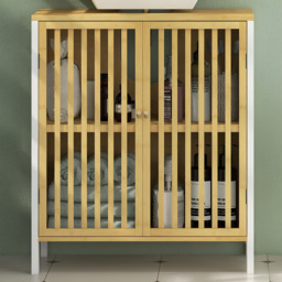 HOMCOM 2 Door White Bamboo Under Sink Bathroom Cabinet - Size: 70.0 cm x 30.0 cm x 60.0 cmcm - Wilko