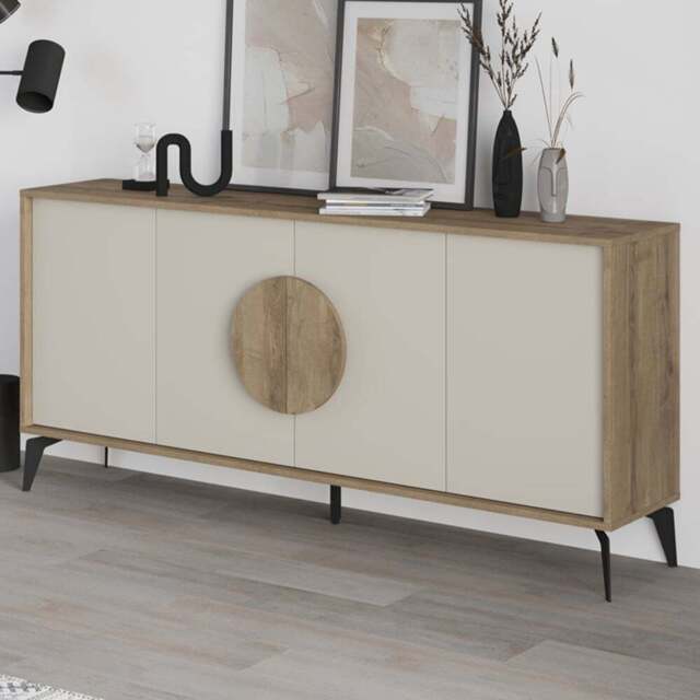 Decortie Gora 4 Door Dark Oak Effect Sandstone Sideboard with Circle Handle - Size: 82 x 180 x 35.6cm - Multi - Wilko - image 1