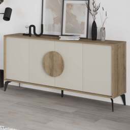 Decortie Gora 4 Door Dark Oak Effect Sandstone Sideboard with Circle Handle - Size: 82 x 180 x 35.6cm - Multi - Wilko