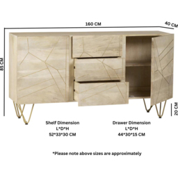 Brooklyn Huyen 2 Door 3 Drawer Light Gold Extra Large Sideboard - Size: 85 x 160 x 40cm - Brown - Wilko - thumbnail 7