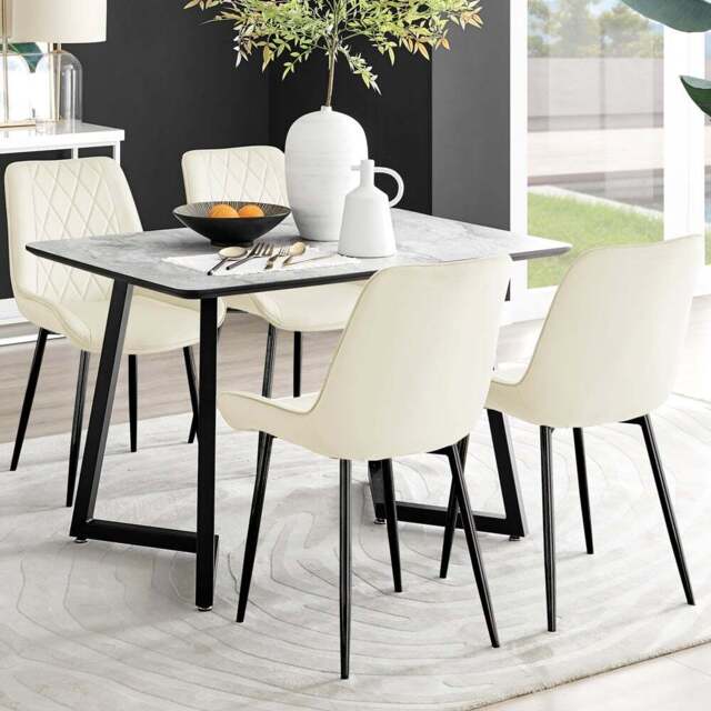 Furniturebox Copeland Cesano Marble Effect 4 Seater Dining Set White Cream and Black - Wilko - image 1