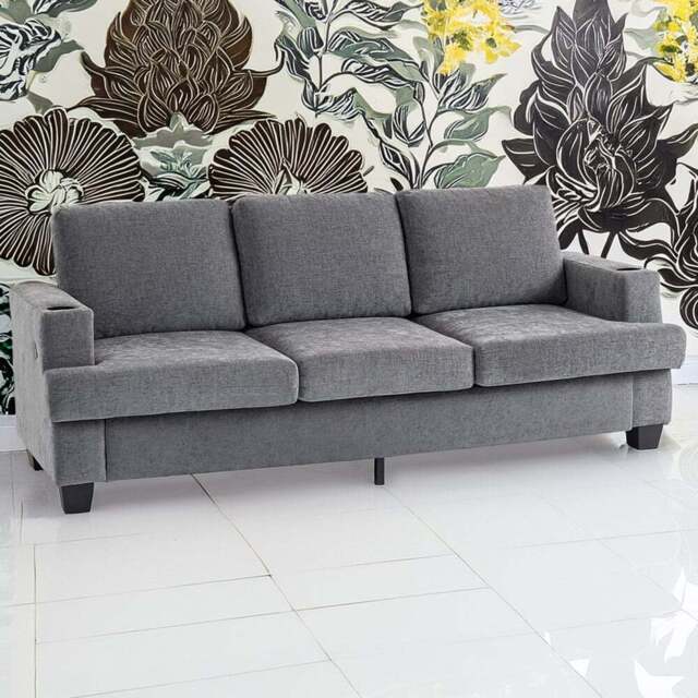 HOMCOM 3 Seater Grey Fabric Sofa with USB Ports and Cup Holders - Wilko - image 1