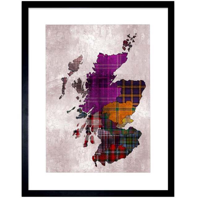 Wee Blue Coo Map of Scotland Tartan Clans Framed Wall Art Print 23 x 18cm - Size: 25.9 x 20.6 x 1.5cm - Purple - Wilko - image 1