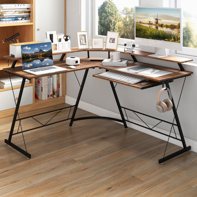 Costway 2 Shelf L Shaped Computer Desk with Power Outlet Rustic Brown - Size: 94 x 59 x 17cm - Wilko