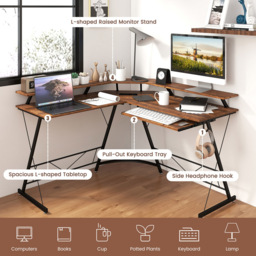 Costway 2 Shelf L Shaped Computer Desk with Power Outlet Rustic Brown - Size: 94 x 59 x 17cm - Wilko - thumbnail 6