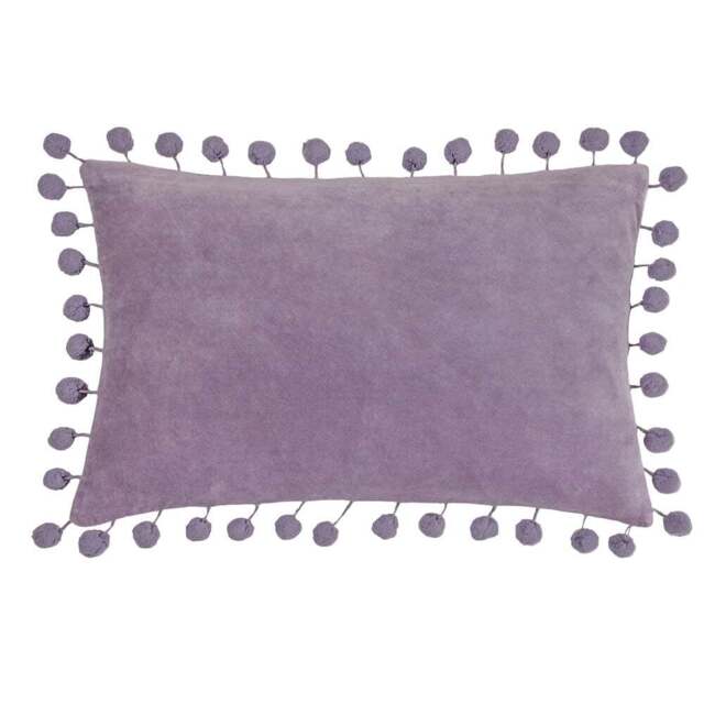 furn. Dora Lilac Velvet Pom Pom Cushion - Size: 50 x 30 cm - Purple - Wilko - image 1