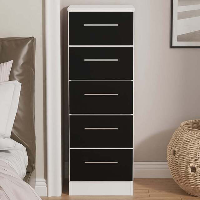 Crowndale Worcester 5 Drawer Matt Black and White Tall Bedside Cabinet Ready Assembled - Black Matt & White - Wilko - image 1