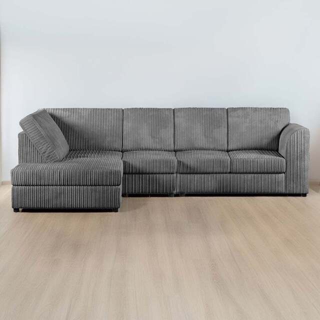 Luxor 4 Seater Grey Jumbo Cord Left Hand Facing Full Back L Shaped Corner Sofa Set - Wilko - image 1