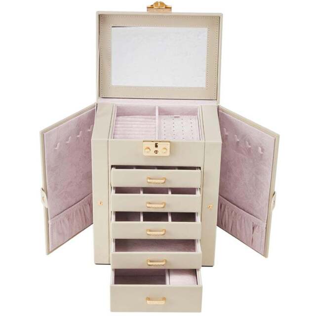 Living and Home 5 Drawer White Faux Leather Jewellery Box with Mirror - Size: 26 x 21 x 15cm - Wilko - image 1