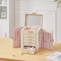 Living and Home 5 Drawer White Faux Leather Jewellery Box with Mirror - Size: 26 x 21 x 15cm - Wilko - thumbnail 3