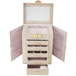 Living and Home 5 Drawer White Faux Leather Jewellery Box with Mirror - Size: 26 x 21 x 15cm - Wilko