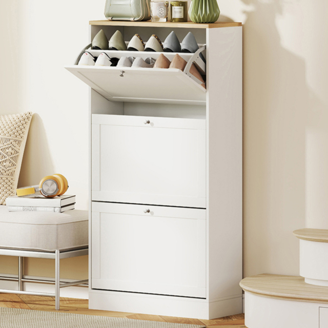 Portland 3 Flip Drawer White Narrow Shoe Cabinet - Size: 115 x 23.5 x 60cm - Wilko - image 1