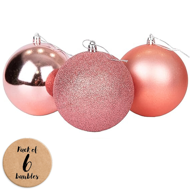 Shatchi 10cm Rose Gold Shatterproof Christmas Bauble 6 Pack - Wilko - image 1