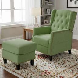 Living and Home Green Chenille Pushback Recliner Chair with Footstool - Size: 102 x 62 x 153cm - Wilko