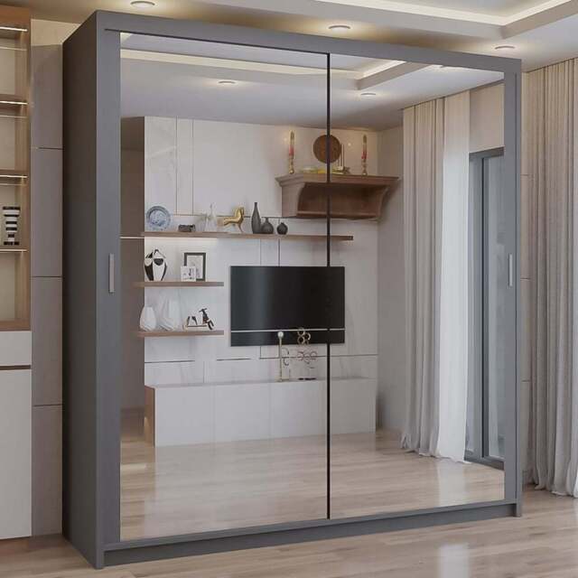 Sliding Wardrobes 4U 2 Sliding Door Grey Full Length Mirrored Wardrobe 150cm - Size: 2 Door - Wilko - image 1