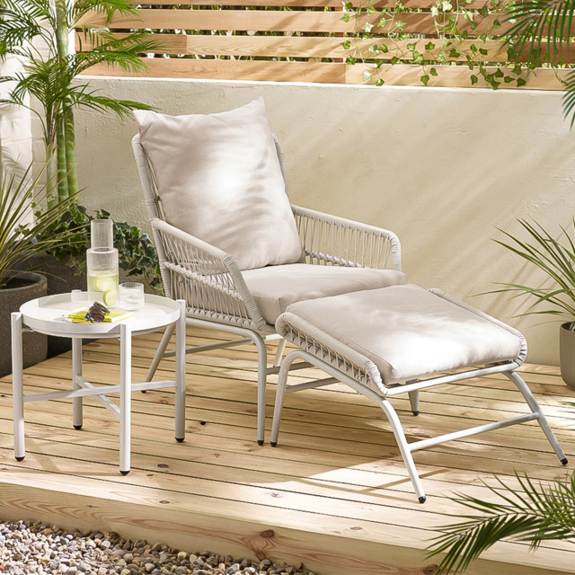Furniturebox Agen Cream Metal Outdoor Chair with Footstool and Table - Size: 84 x 65 x 82cm - Wilko - image 1