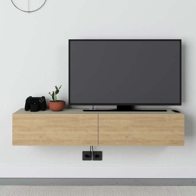 Decortie Francy 2 Door Ash Green and Oak Modern Wall Mounted TV Unit - Size: 25 x 135 x 31.7cm - Multi - Wilko - image 1