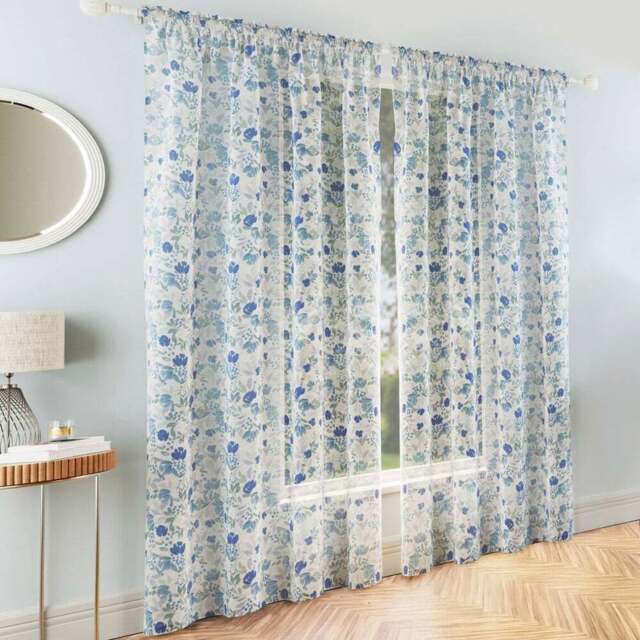 Tyrone Textiles Mia Blue Floral Print Sheer Rod Pocket Voile Panel Curtains 140 x 137cm - Size: W 140 x D 137cm - Wilko - image 1