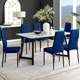 Furniturebox Copeland Valera Marble Effect 6 Seater Dining Set White Navy and Black - Blue - Wilko - thumbnail 1