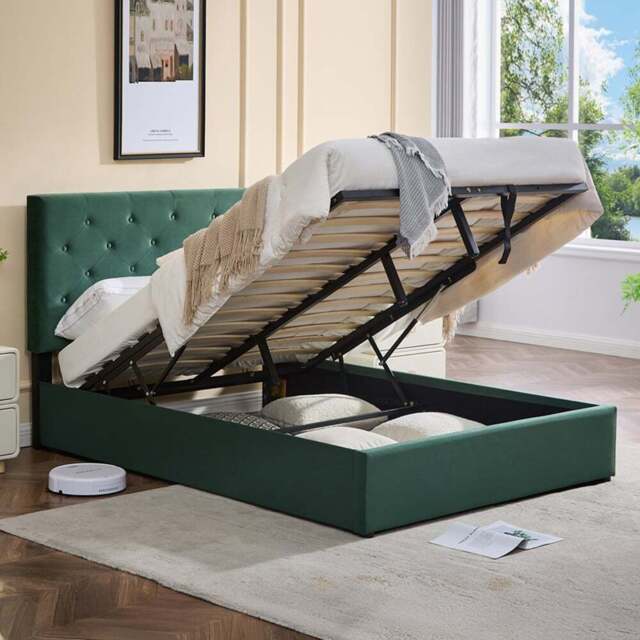 Furniture One King Size Green Upholstered Platform Storage Bed Frame with Tufted Headboard - Wilko - image 1