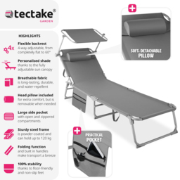 tectake Grey Foldable Sun Lounger - Size: 1 Seater - Wilko - thumbnail 4