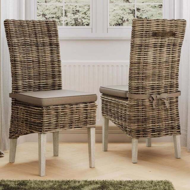 FWStyle Maya Set of 2 Lime Wash Kubu Rattan Solid Pine Handmade Dining Chairs - Size: 102 x 60 x 60cm - Grey - Wilko - image 1
