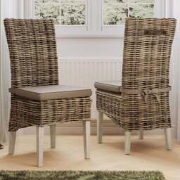 FWStyle Maya Set of 2 Lime Wash Kubu Rattan Solid Pine Handmade Dining Chairs - Size: 102 x 60 x 60cm - Grey - Wilko
