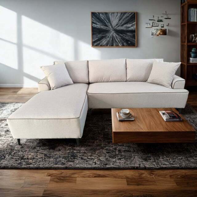 DS Living The Milano Edge Beige Textured Fabric Right Hand Corner Sofa - Size: 3 Seater - Wilko