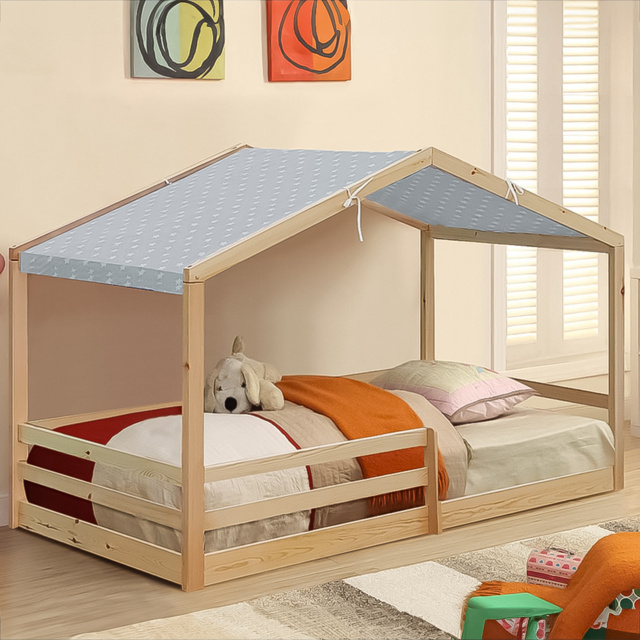 Brooklyn Single Natural Wooden House Style Bed with Grey Tent - Cream - Wilko - image 1