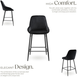 tectake Siera Black Velvet Look Bar Stool Set of 2 - Wilko - thumbnail 4