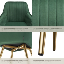 tectake Marilyn Dark Green and Gold Quilted Velvet Dining Chair - Size: Single - Wilko - thumbnail 7