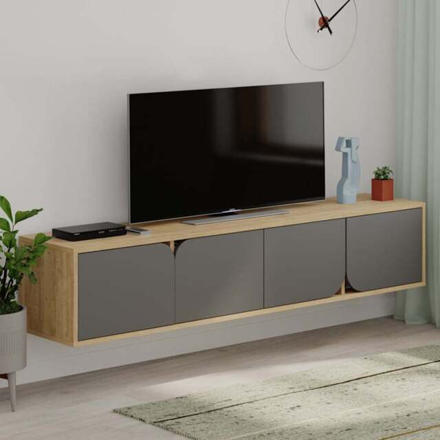 Decortie Spark 4 Door Oak Anthracite Grey Modern TV Unit - Size: 35 x 180 x 35.6cm - Multi - Wilko - image 1