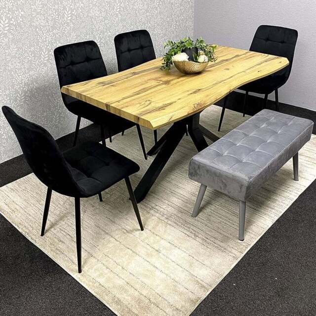 Kosy Koala 6 Seater Wood and Velvet Dining Table Set with Bench Black and Grey - Brown - Wilko - image 1