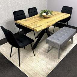 Kosy Koala 6 Seater Wood and Velvet Dining Table Set with Bench Black and Grey - Brown - Wilko