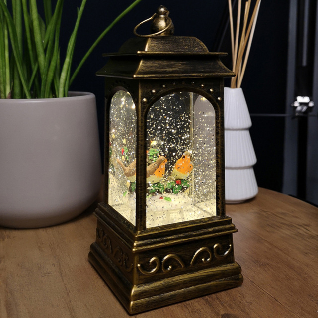 Samuel Alexander Robin Scene Light Up Christmas Water Spinner Lantern 21cm - Size: 21 x 9 x 9cm - Brown - Wilko - image 1
