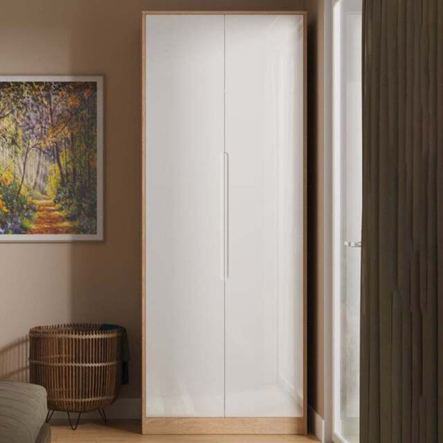 Crowndale Monaco 2 Door White Gloss and Bardolino Oak Tall Wardrobe Ready Assembled - White Gloss & Bardolino Oak - Wilko - image 1