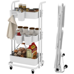 Costway 3 Shelf White Foldable Rolling Cart with 3 Hanging Cups and 6 Hooks - Size: 45 x 37 x 92cm - Wilko - thumbnail 4