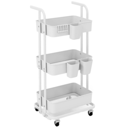 Costway 3 Shelf White Foldable Rolling Cart with 3 Hanging Cups and 6 Hooks - Size: 45 x 37 x 92cm - Wilko