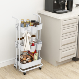 Costway 3 Shelf White Foldable Rolling Cart with 3 Hanging Cups and 6 Hooks - Size: 45 x 37 x 92cm - Wilko - thumbnail 3