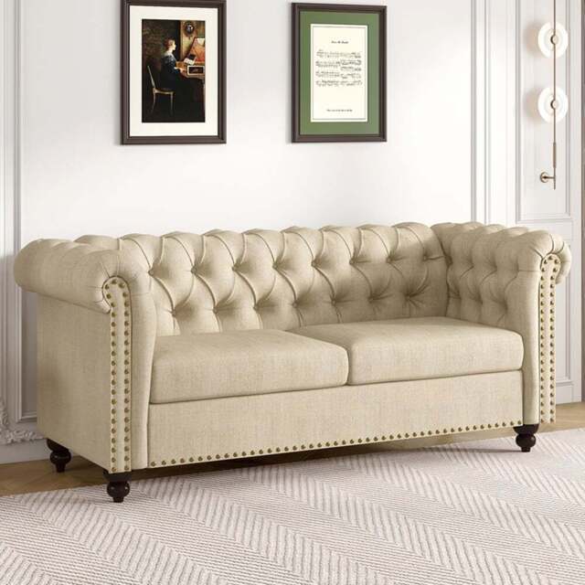 Victoria 2 Seater Beige Linen Button Tufted Chesterfield Sofa - MCC - Wilko - image 1
