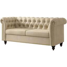 Victoria 2 Seater Beige Linen Button Tufted Chesterfield Sofa - MCC - Wilko - thumbnail 3