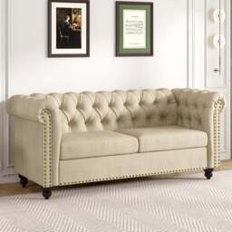 Victoria 2 Seater Beige Linen Button Tufted Chesterfield Sofa - MCC - Wilko - thumbnail 1