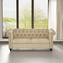 Victoria 2 Seater Beige Linen Button Tufted Chesterfield Sofa - MCC - Wilko - thumbnail 7