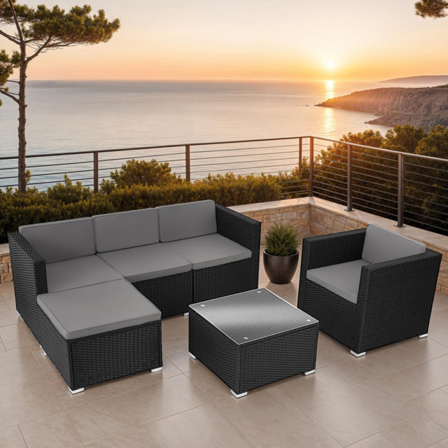 tectake Lignano 5 Seater Black Rattan Garden Lounge Set - Wilko - image 1