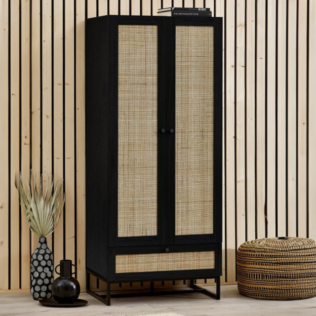 Julian Bowen Padstow 2 Door Single Drawer Black Wardrobe - Size: 2 Door, Single Drawer - Wilko - image 1