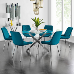 Furniturebox Arona Cesano 6 Seater Round Dining Set Blue and Chrome - Wilko - thumbnail 1