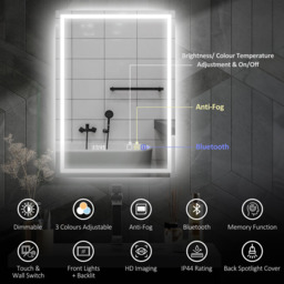 HOMCOM Rectangle Bluetooth Clock Frameless LED Bathroom Mirror with Demister Pad 50 x 70cm - Size: 50 x 3.5 x 70cm - Silver - Wilko - thumbnail 5