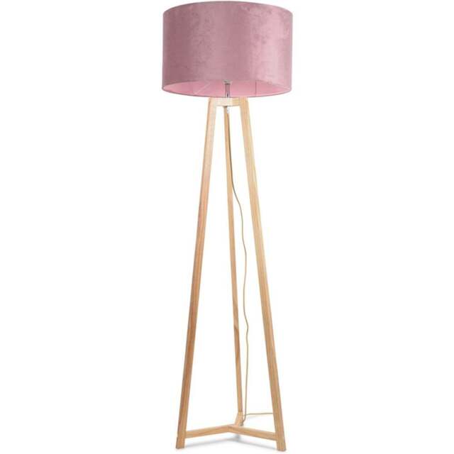 ValueLights Lottie Blush Pink Velvet Drum Shade Natural Wood Tripod LED Floor Lamp - Size: 148 x 45 x 45cm - Cream - Wilko - image 1