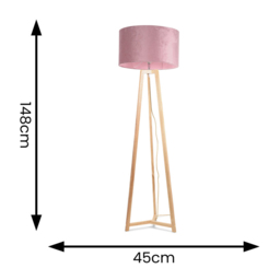 ValueLights Lottie Blush Pink Velvet Drum Shade Natural Wood Tripod LED Floor Lamp - Size: 148 x 45 x 45cm - Cream - Wilko - thumbnail 5