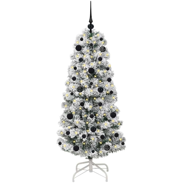 vidaXL Pre-Lit Warm White LED and Black Baubles Snow Flocked Artificial Christmas Tree 4.9ft - Green - Wilko - image 1